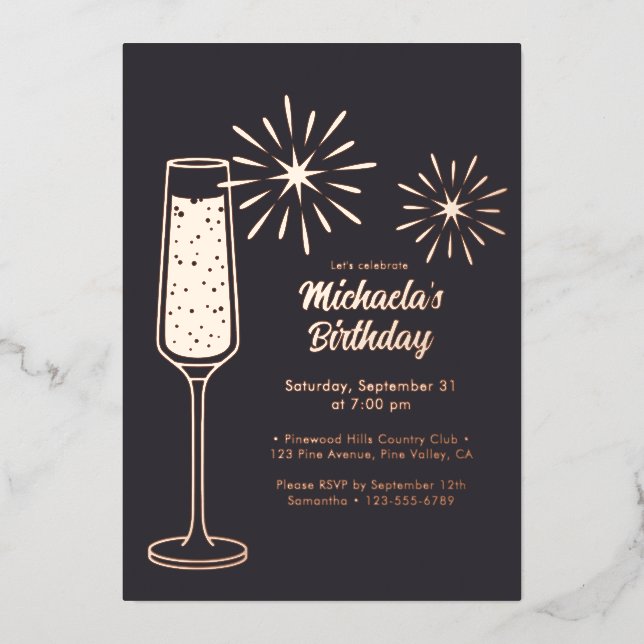 Real Foil Fireworks & Champagne Birthday Invitation (Front)