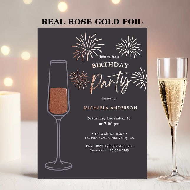 Real Foil Fireworks & Champagne Birthday Party Foil Invitation (Creator Uploaded)