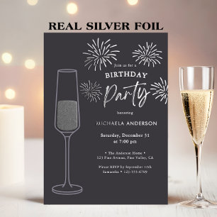 Real Foil Fireworks & Champagne Birthday Party Invitation