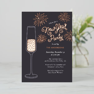 Real Foil Fireworks & Champagne New Year Party Foil Invitation