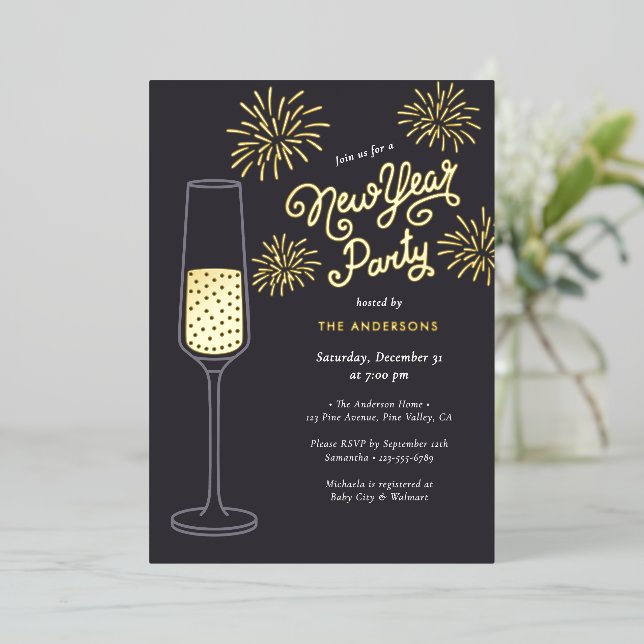 Real Foil Fireworks & Champagne New Year Party Invitation (Standing Front)