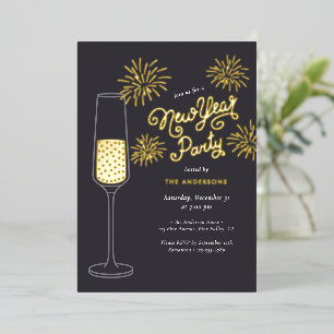Real Foil Fireworks & Champagne New Year Party Invitation