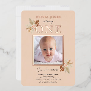 Real Foil, Floral 1st Birthday invitation in peach Foil Invitation