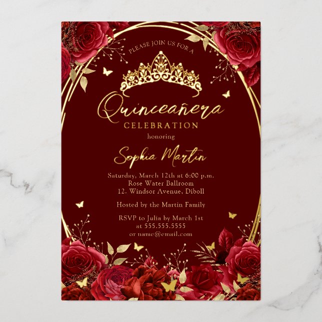 Real Foil Floral Red Butterfly Tiara Quinceanera Foil Invitation (Front)