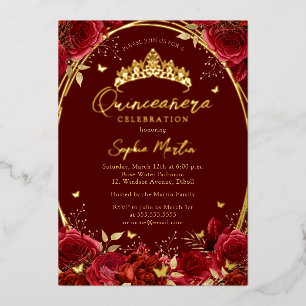 Real Foil Floral Red Butterfly Tiara Quinceanera Invitation