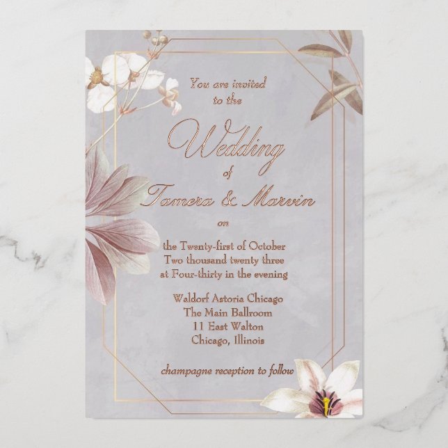 real foil floral wedding invitation foil invitation (Front)