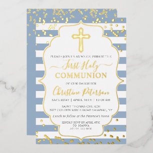 Real Foil Gold Dusty Blue Stripes First Communion Invitation