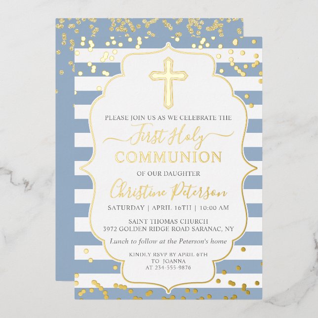 Real Foil Gold Dusty Blue Stripes First Communion Invitation (Front/Back)