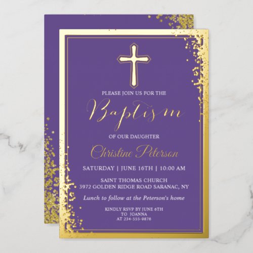 Real Foil Gold Glitter Lavender Purple Baptism Foil Invitation