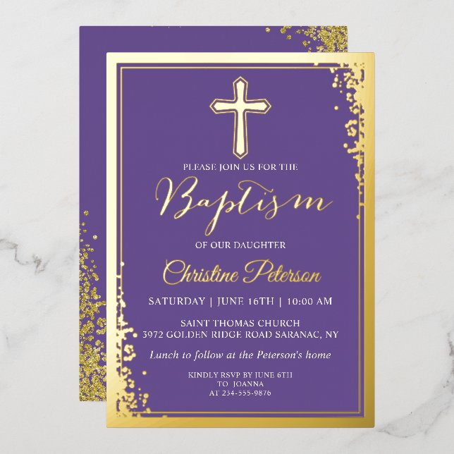 Real Foil Gold Glitter Lavender Purple Baptism Foil Invitation (Front/Back)