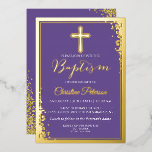 Real Foil Gold Glitter Lavender Purple Baptism Invitation