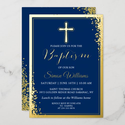 Real Foil Gold Glitter Navy Blue Boy Baptism  Foil Invitation