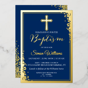 Real Foil Gold Glitter Navy Blue Boy Baptism  Invitation