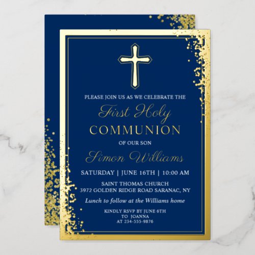 Real Foil Gold Glitter Navy Blue First Communion Foil Invitation