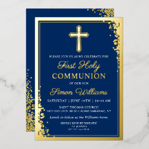 Real Foil Gold Glitter Navy Blue First Communion Invitation
