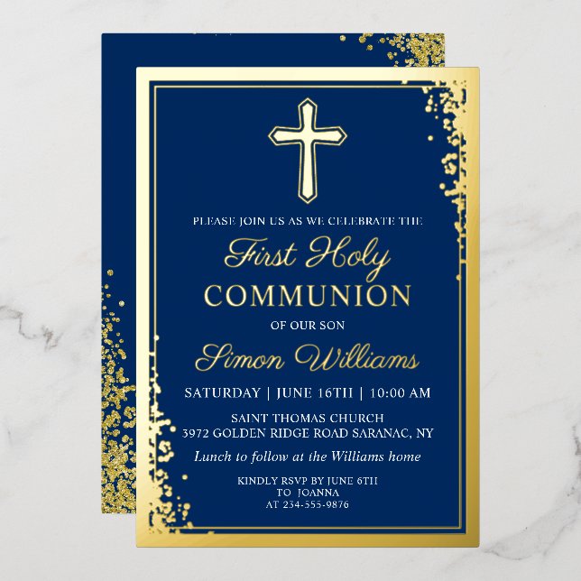 Real Foil Gold Glitter Navy Blue First Communion Invitation (Front/Back)