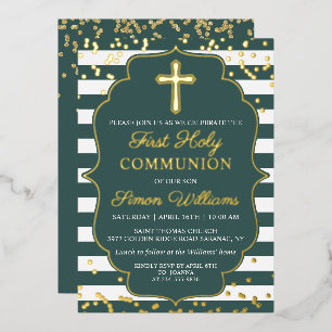 Real Foil Gold Green Stripes First Communion Invitation