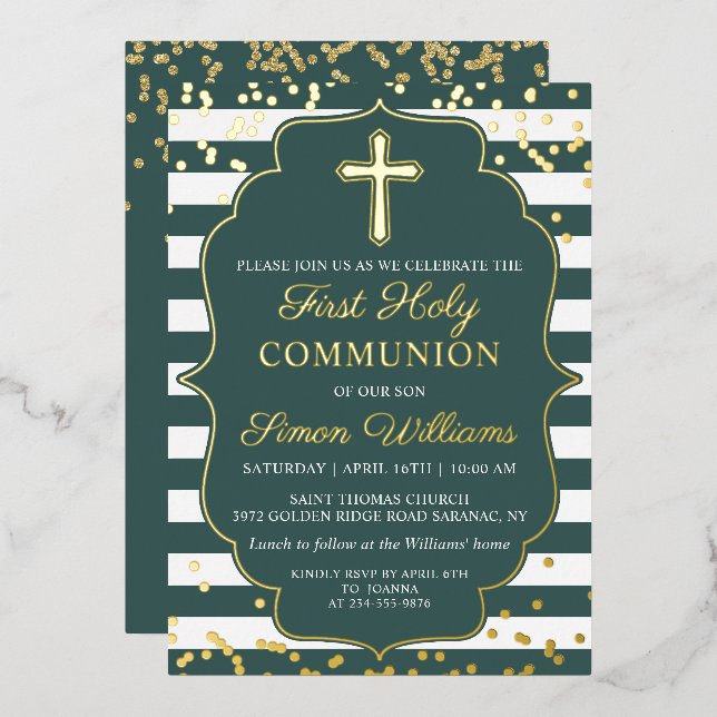Real Foil Gold Green Stripes First Communion Invitation (Front/Back)