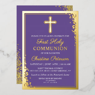 Real Foil Gold Lavender Purple First Communion Invitation