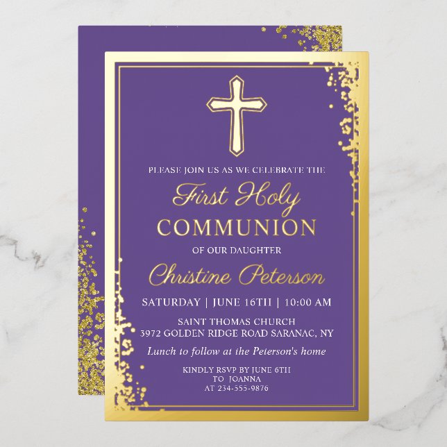 Real Foil Gold Lavender Purple First Communion Invitation (Front/Back)