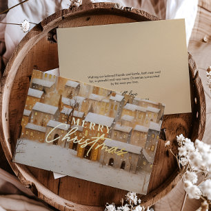 REAL FOIL Gold Merry Christmas Snowy Village Foil Holiday Card
