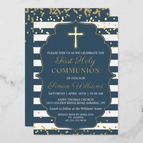 Real Foil Gold Navy Blue Stripes First Communion Foil Invitation