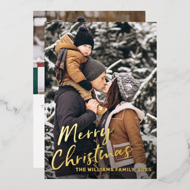 Real Foil Gold Script Christmas Photo Holiday Card (Front/Back)