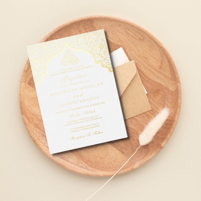 Real foil Gold White Masjid Wording Muslim Wedding Foil Invitation (Creator Uploaded)