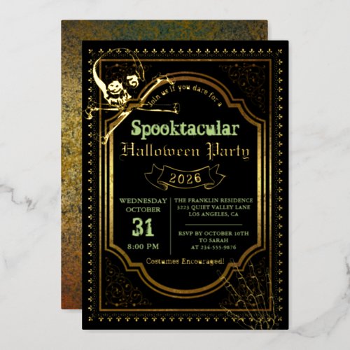 Real Foil Gothic Black Gold Skull Halloween Party Foil Invitation