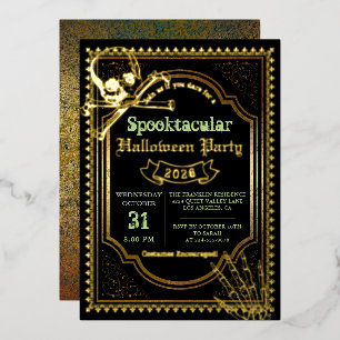 Real Foil Gothic Black Gold Skull Halloween Party Invitation