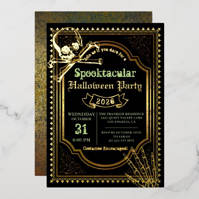Real Foil Gothic Black Gold Skull Halloween Party Invitation (Front/Back)