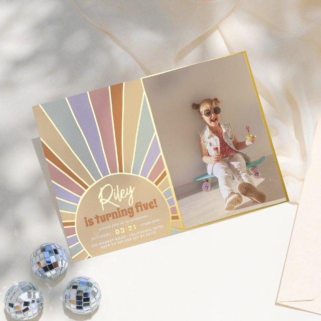 Real Foil Groovy Sun Boho Daisy Photo Birthday Foil Invitation (Creator Uploaded)