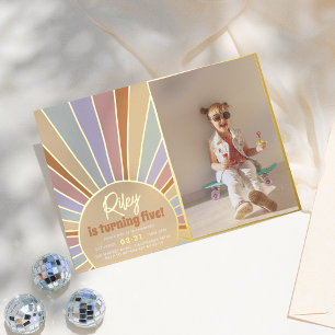 Real Foil Groovy Sun Boho Daisy Photo Birthday Invitation