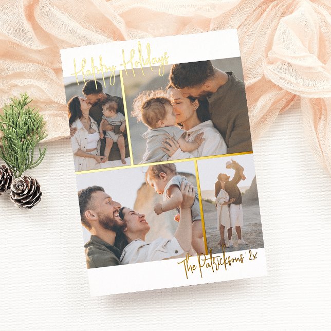 Real Foil | Handwriting 4 Multi-Photo Christmas Holiday Card (Creator Uploaded)