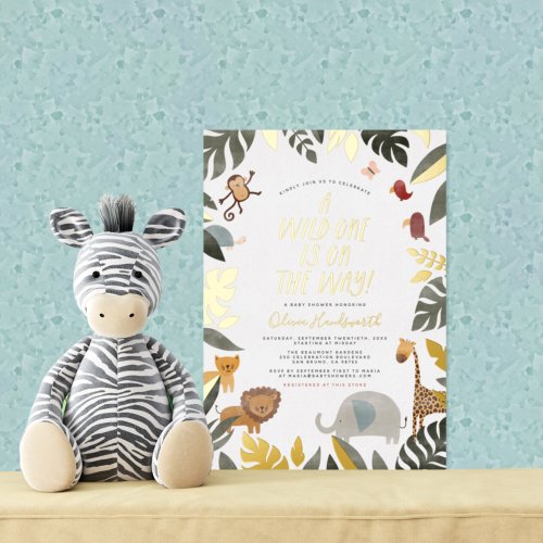 Real Foil  Jungle Safari Animlas Boy Baby Shower Foil Invitation