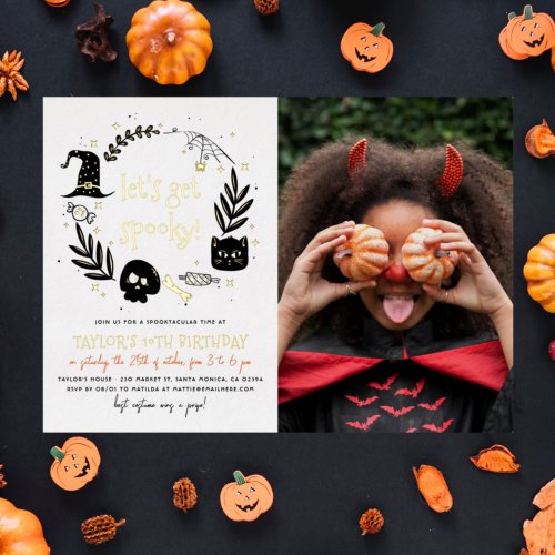 Real Foil Lets Get Spooky Halloween Photo Birthday Foil Invitation