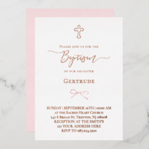 real foil little pink bow Baptism Invitation