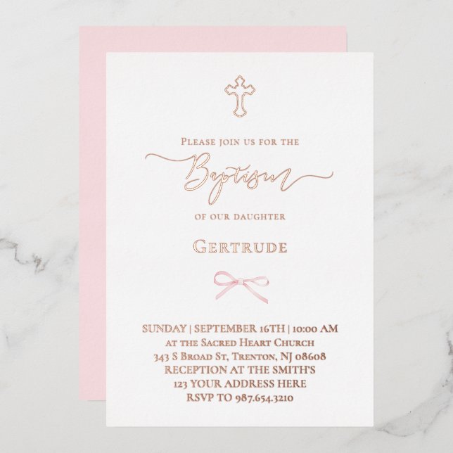 real foil little pink bow Baptism Invitation (Front/Back)