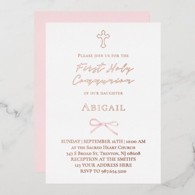 real foil little pink bow First Holy Communion Foil Invitation (Front/Back)