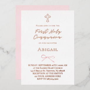 real foil little pink bow First Holy Communion Invitation