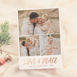 Real Foil   Love & Peace 3 Photo Christmas  Foil Holiday Card
