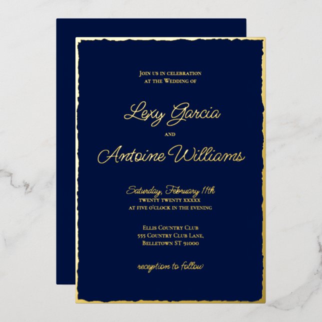 Real Foil Luxe Gold Edge Navy Blue Invitation (Front/Back)