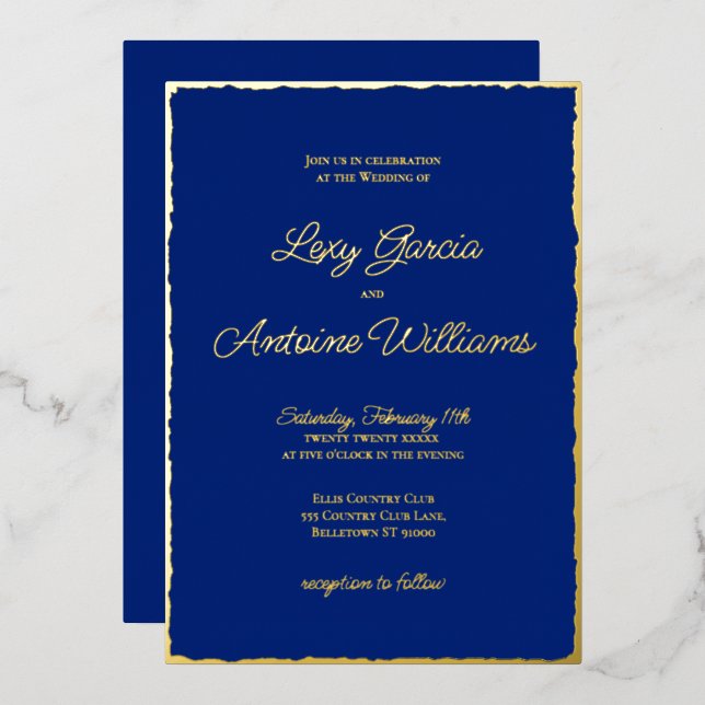 Real Foil Luxe Gold Edge Royal Blue Invitation (Front/Back)