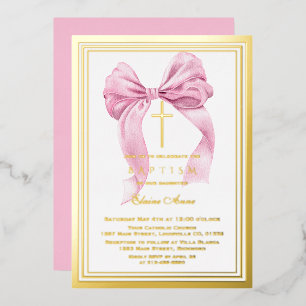 Real Foil Luxury Gold Pink Bow Girl Baptism Foil  Invitation