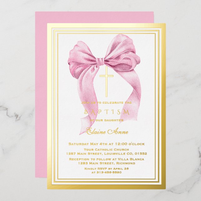 Real Foil Luxury Gold Pink Bow Girl Baptism Foil  Invitation (Front/Back)