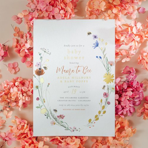 Real Foil Mama To Bee Wildflower Boho Baby Shower Foil Invitation