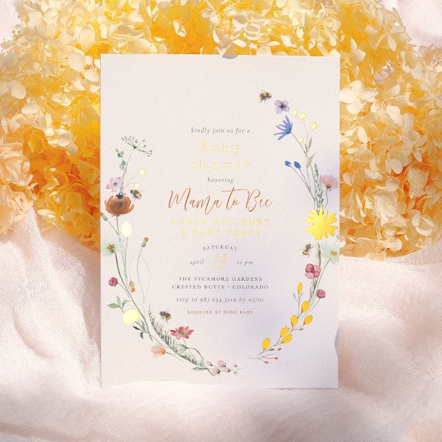 Real Foil Mama To Bee Wildflower Boho Baby Shower Foil Invitation (Creator Uploaded)