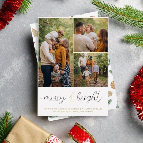 Real Foil  Merry  Bright 3 Photo Christmas Foil Holiday Card