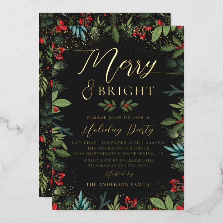 Real Foil Merry &amp; Bright Black Gold Floral Holiday Foil Invitation