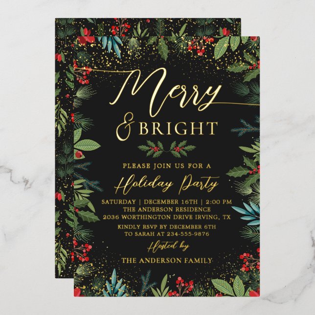 Real Foil Merry & Bright Black Gold Floral Holiday Foil Invitation (Front/Back)
